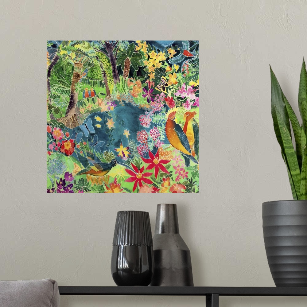 A modern room featuring Contemporary painting of the brightly colored animals and flowers of the jungle.
