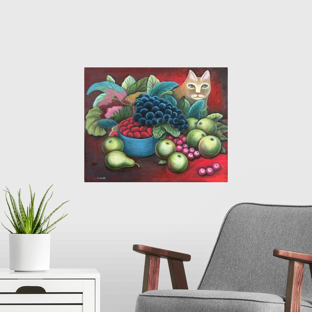 A modern room featuring Cat and Fruit