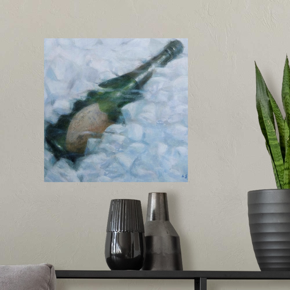 A modern room featuring Contemporary painting of a bottle of champagne buried in ice.