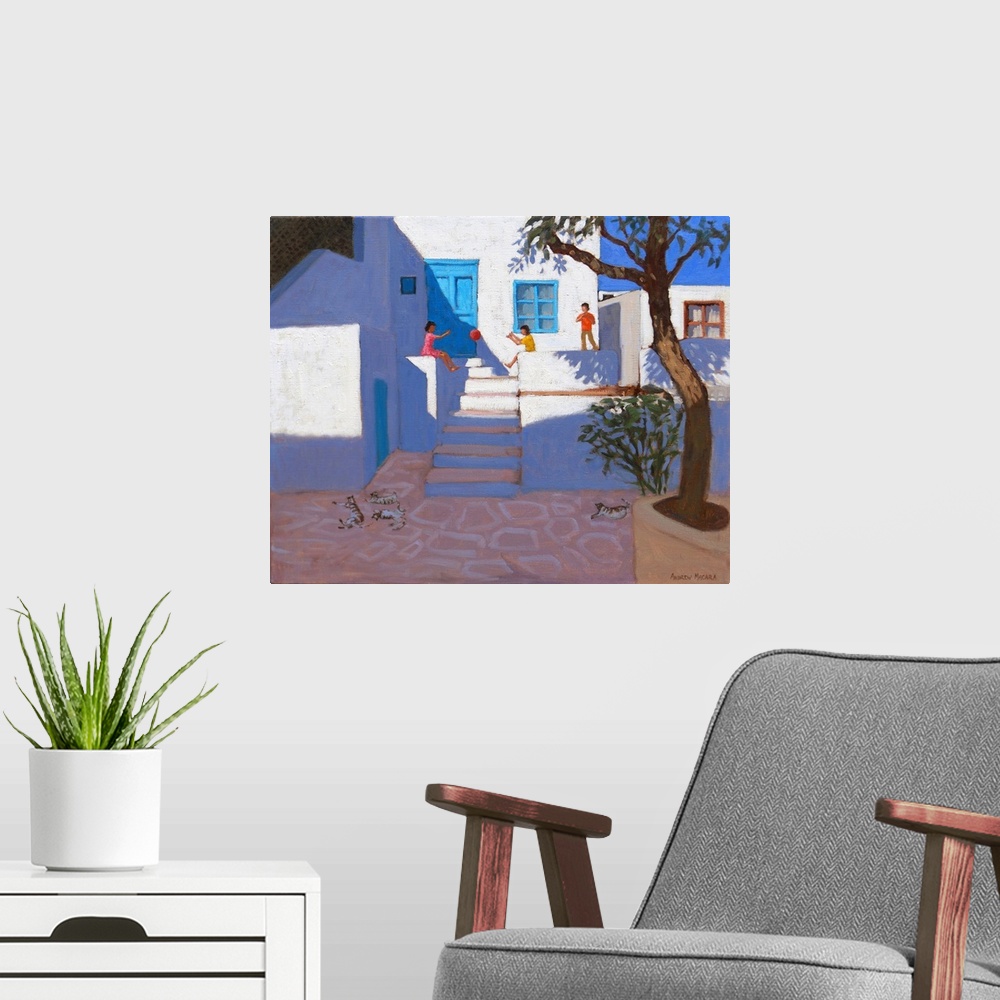 A modern room featuring Children and cats, Mykonos, 2017, (originally oil on canvas) by Macara, Andrew