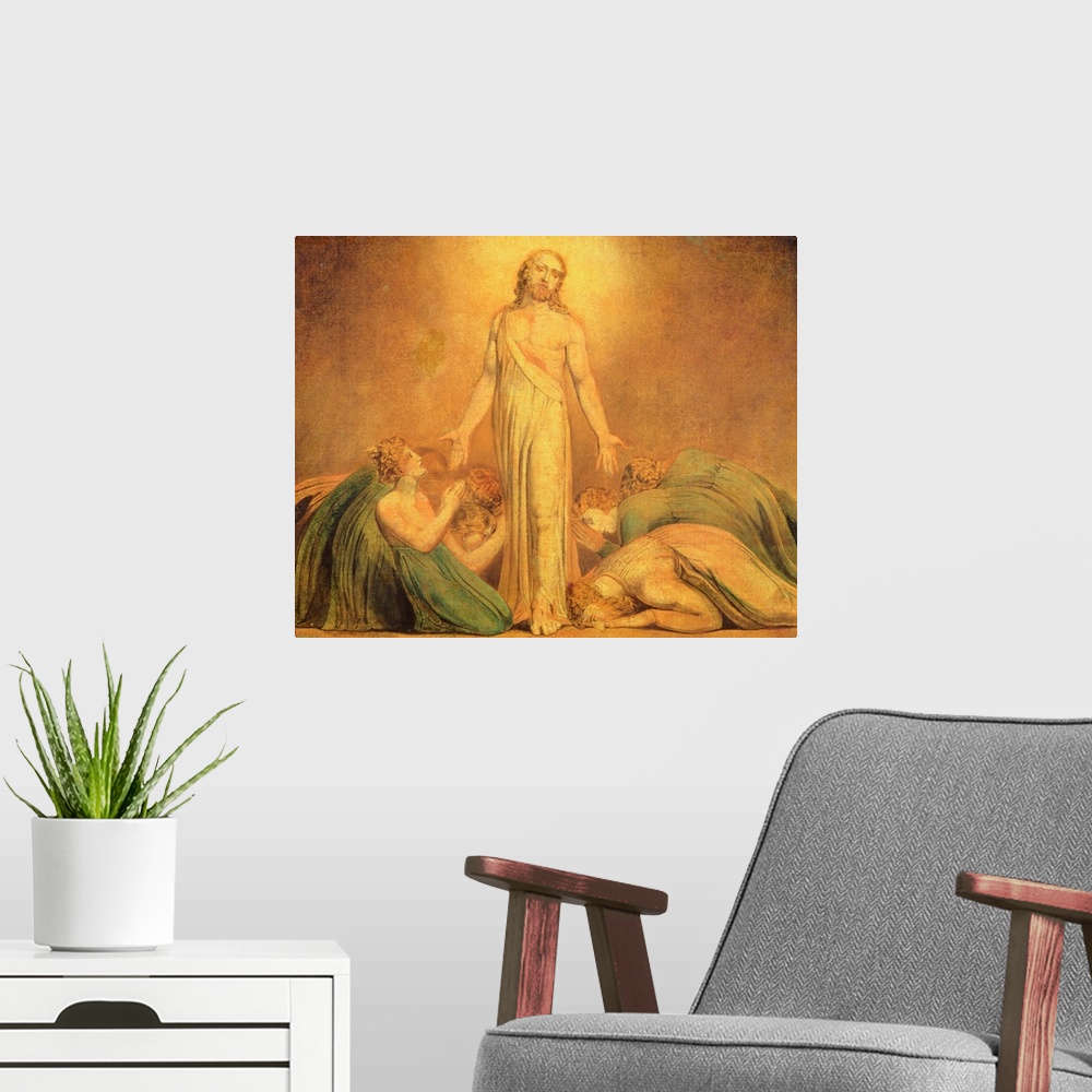 A modern room featuring XYC181762 Christ Appearing to the Apostles after the Resurrection, 1795-1805 (colour print with w...