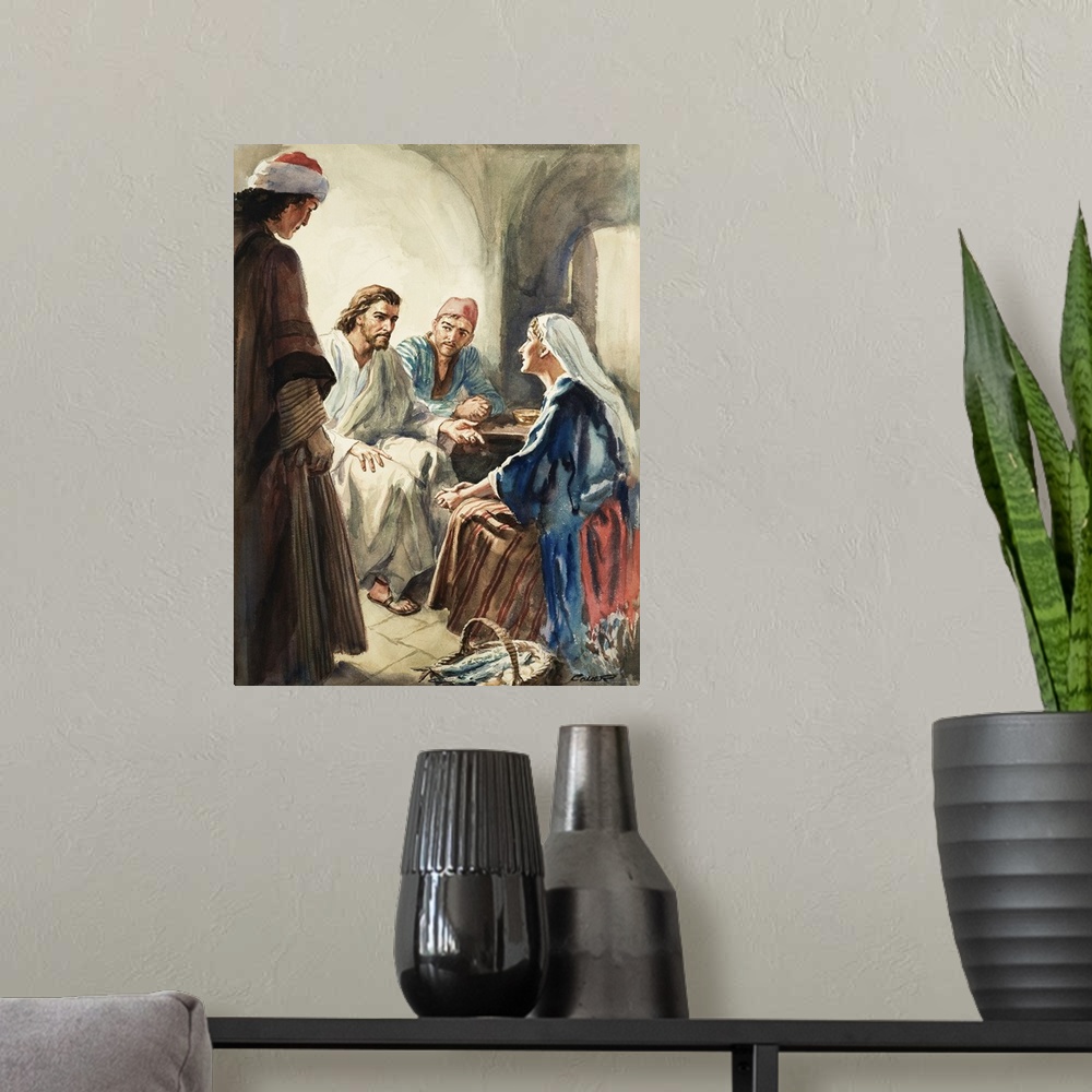 A modern room featuring Christ talking. Original artwork for illustration in The Bible Story or Look and Learn (issue yet...