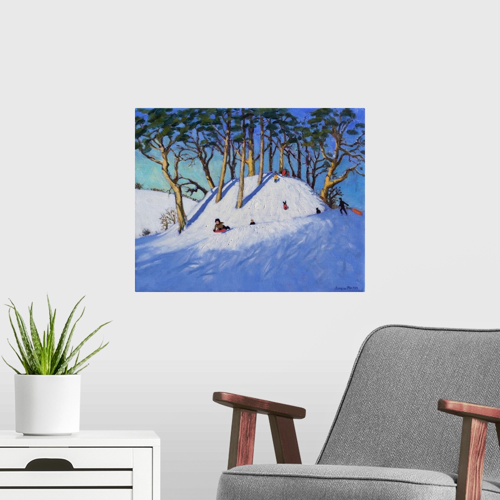 A modern room featuring Christmas sledging, oil on canvas.