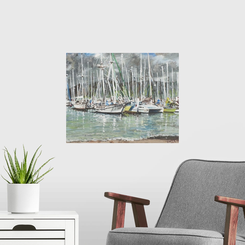 A modern room featuring Contemporary painting of sailboats docked in a harbor under gray skies.