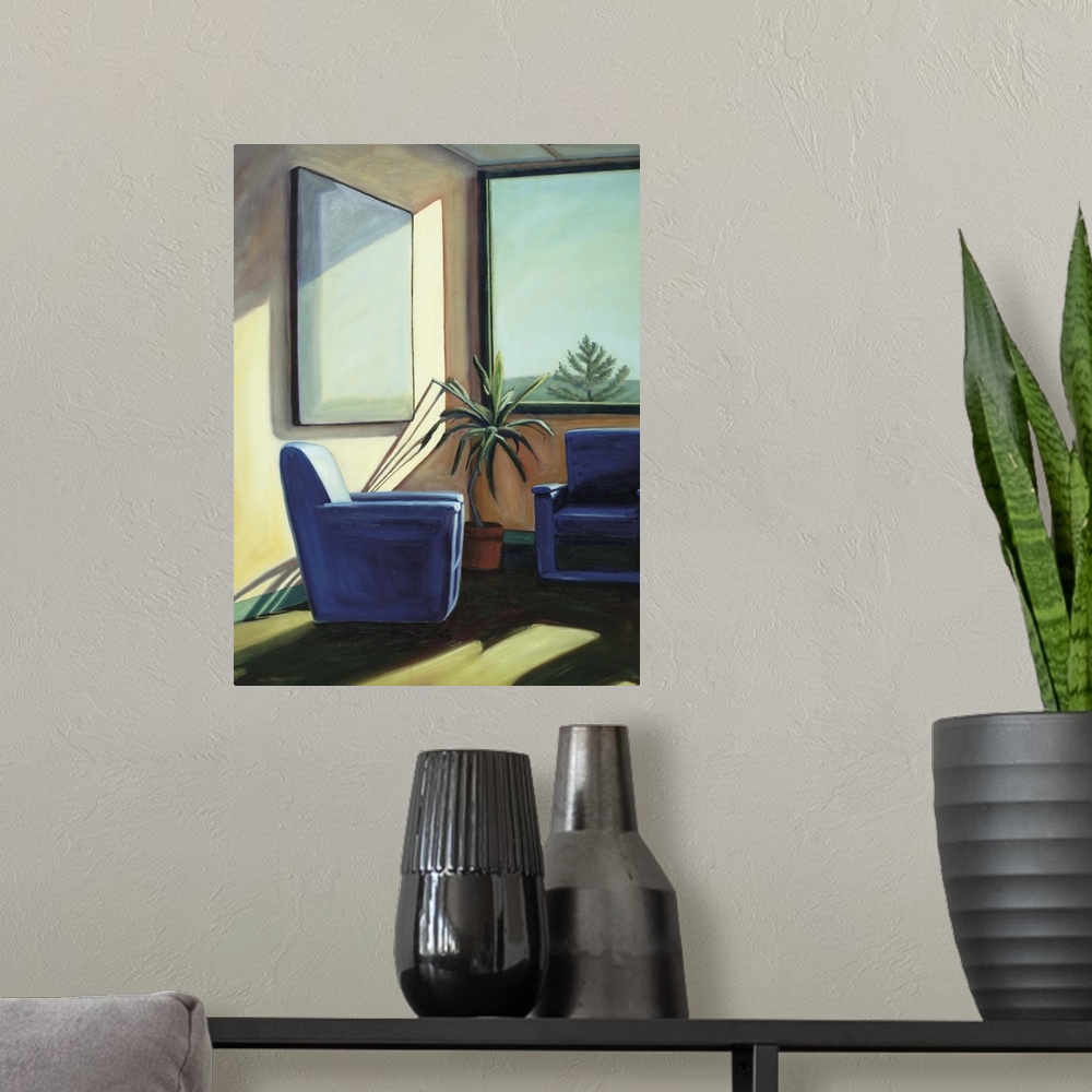 A modern room featuring Contemporary painting of two blue armchairs by a window.