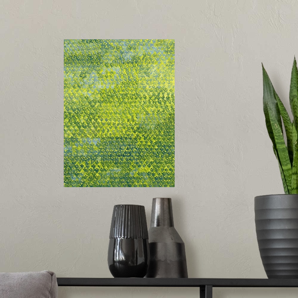 A modern room featuring Contemporary pattern painting using yellows and greens.