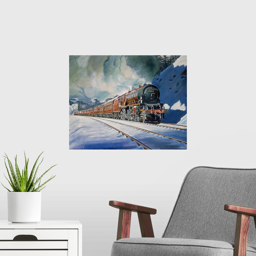 A modern room featuring This is a Giclee print of an oil painting that shows a locomotive with several passenger cars tra...