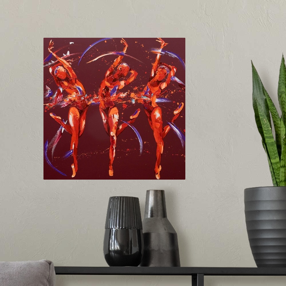 A modern room featuring Contemporary painting using deep warm colors to create three women dancing against a dark red bac...