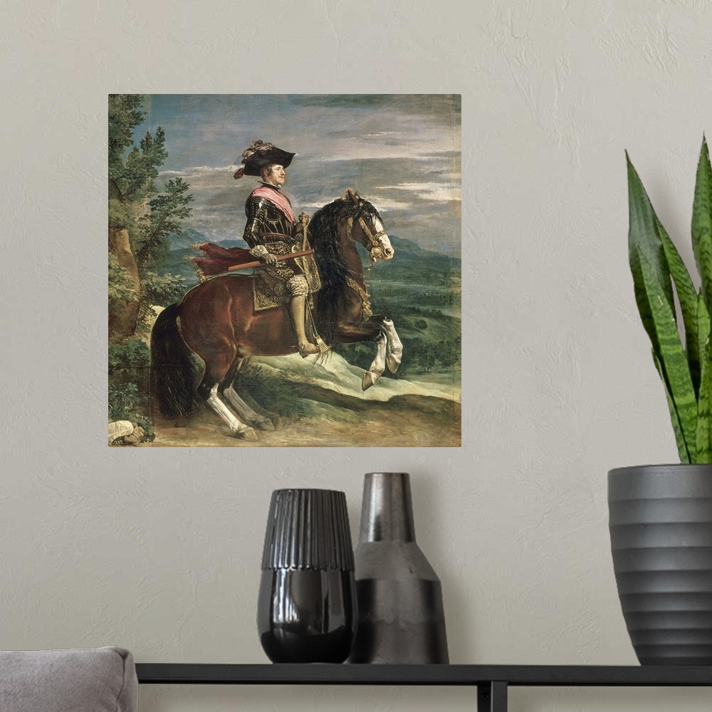 A modern room featuring XIR53906 Equestrian Portrait of Philip IV (1605-65) c.1636 (oil on canvas)  by Velazquez, Diego R...