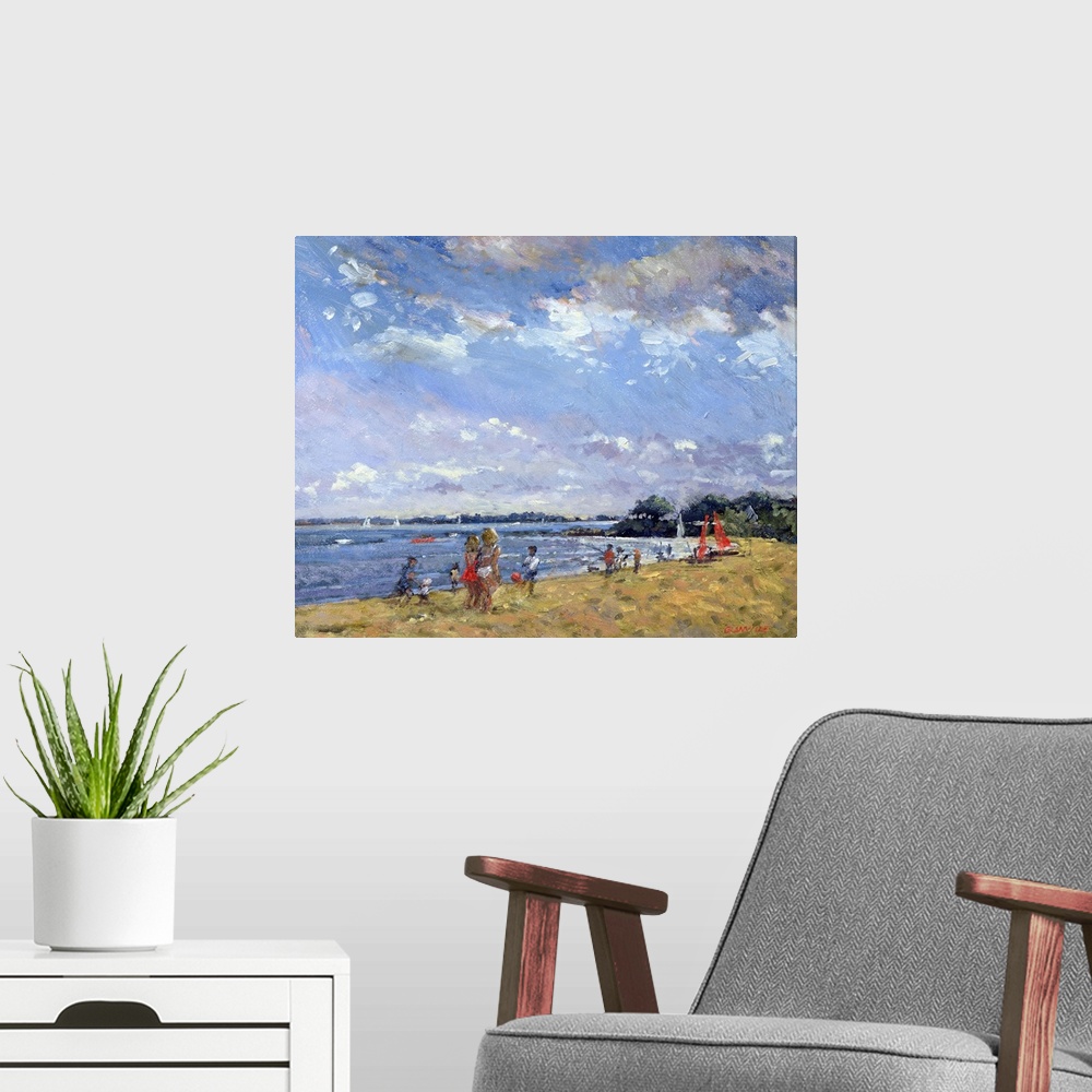 A modern room featuring Contemporary painting of people playing on the beach in the summer.