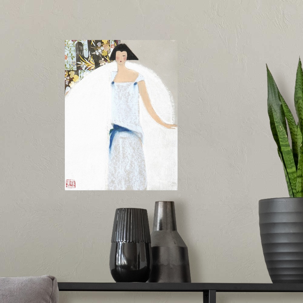 A modern room featuring Contemporary painting of a woman in a pale blue dress.