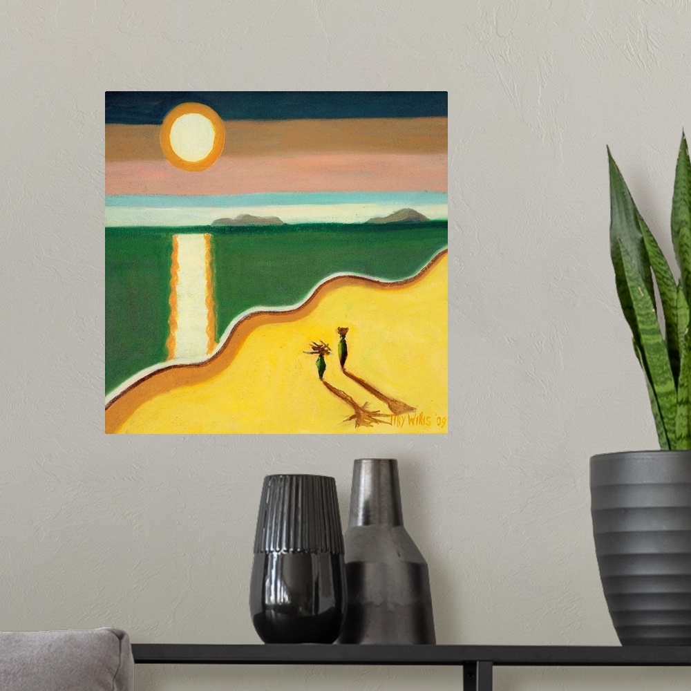 A modern room featuring Contemporary artwork of two figures on the beach with the sun reflected in the ocean.