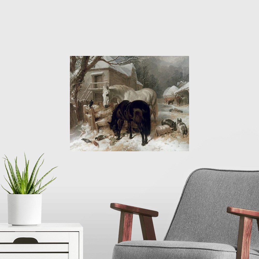A modern room featuring Landscape artwork on a large wall hanging of a snow covered farmyard with several small buildings...