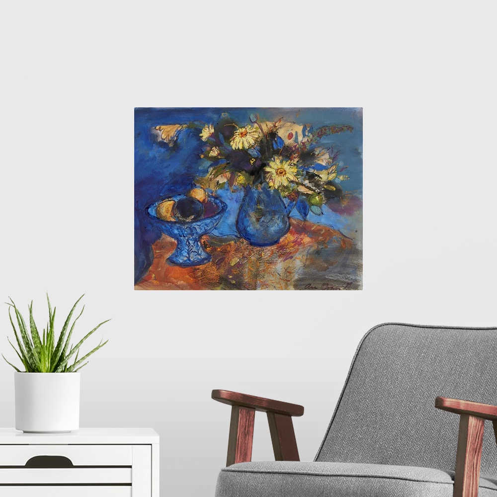A modern room featuring Flowers And Fruit On Blue And Orange