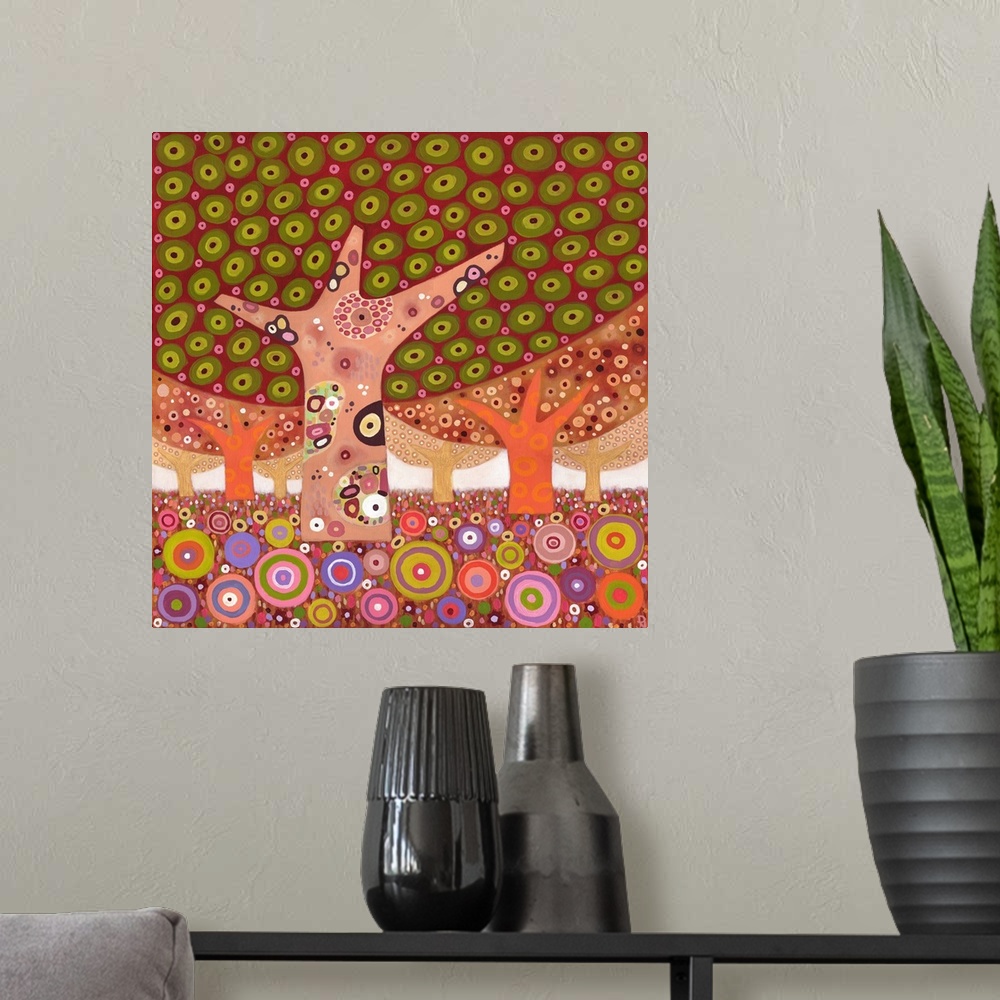 A modern room featuring Colorful contemporary painting using elaborate patterns and designs.
