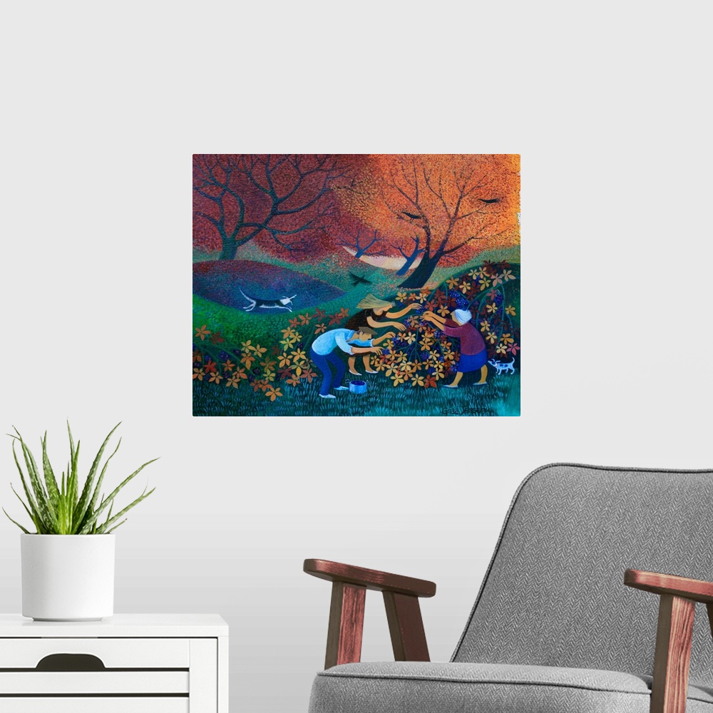 A modern room featuring Contemporary painting of people picking berries in the fall.