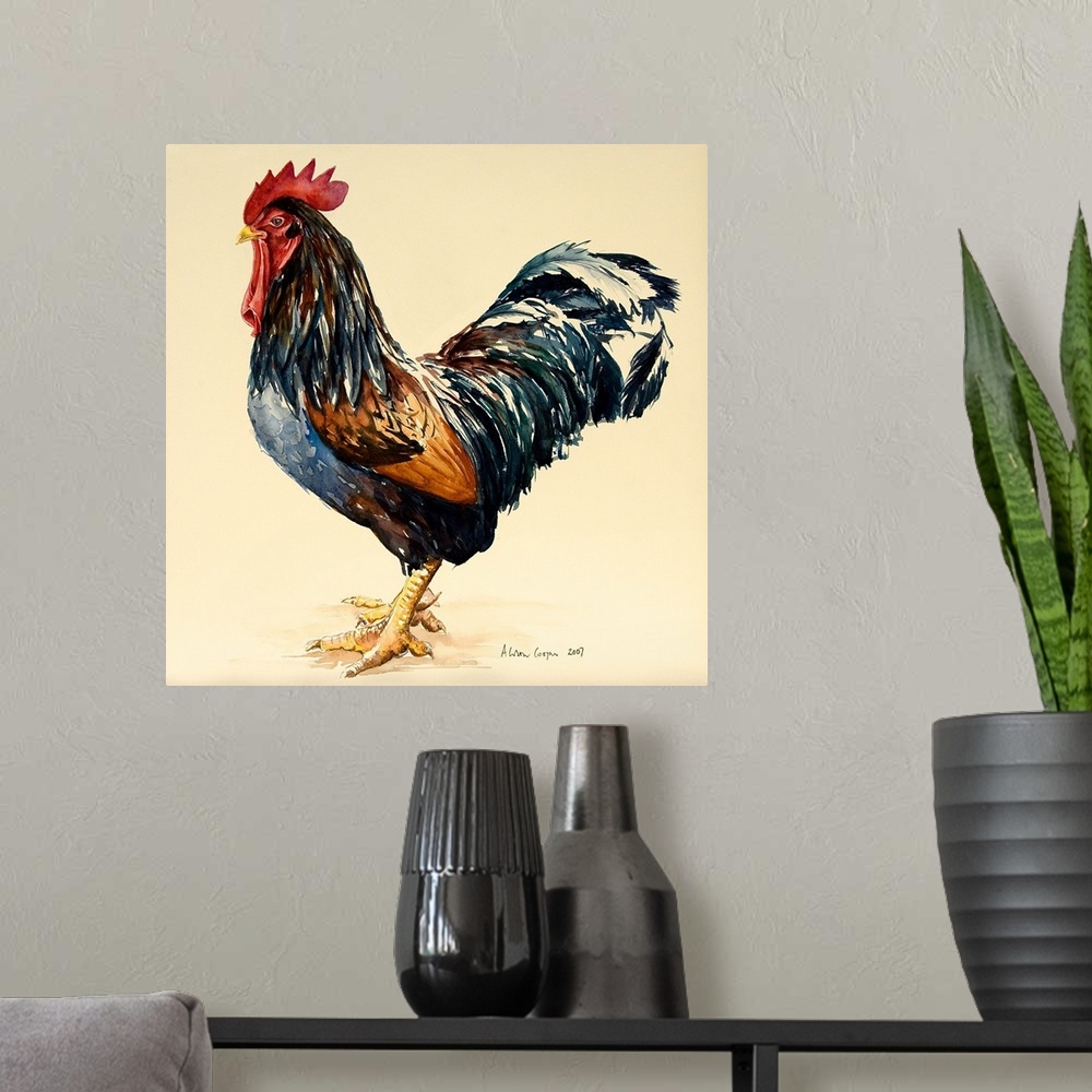 A modern room featuring Contemporary painting of a large rooster with dark feathers.