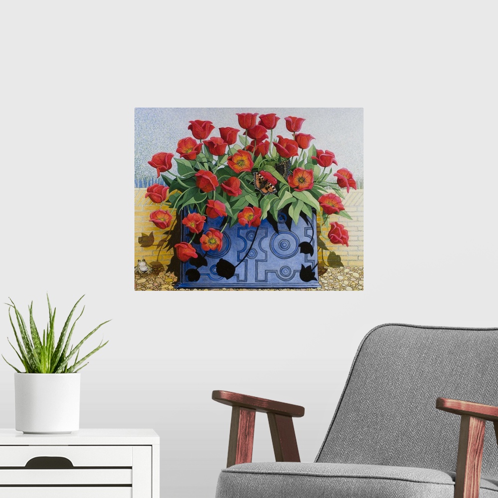 A modern room featuring PS433867 Getting There, 2011 (acrylic on calico) flowers; tulips; still life; window box; toad; f...