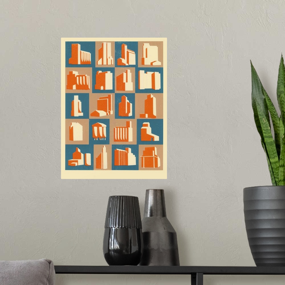 A modern room featuring Contemporary painting of square tiles with grain silos in them in blue orange and beige.