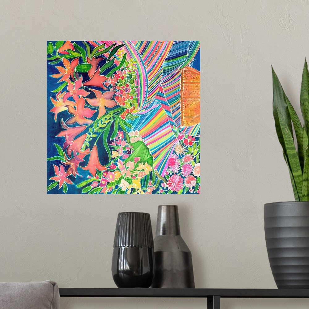 A modern room featuring Contemporary painting of colorful striped fabric and tropical flowers.