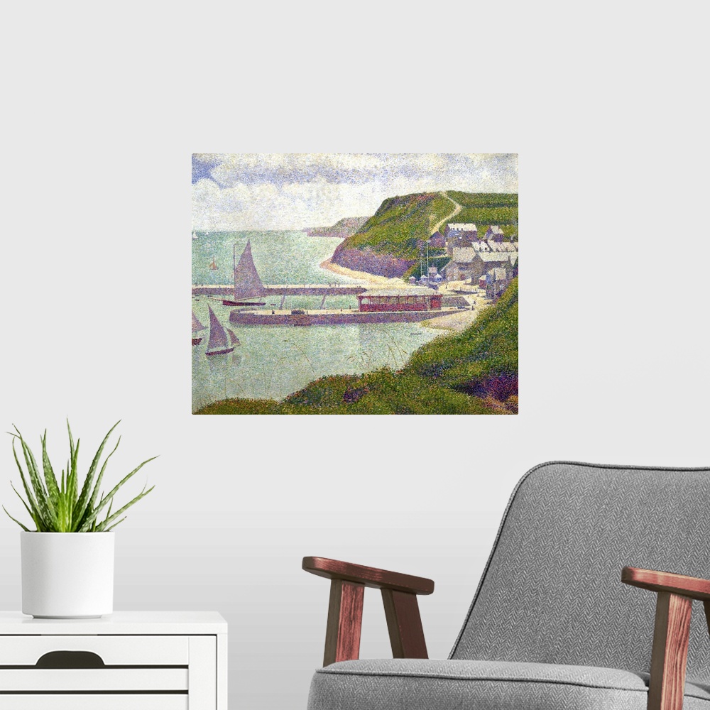 A modern room featuring XIR19980 Harbour at Port-en-Bessin at High Tide, 1888 (oil on canvas)  by Seurat, Georges Pierre ...