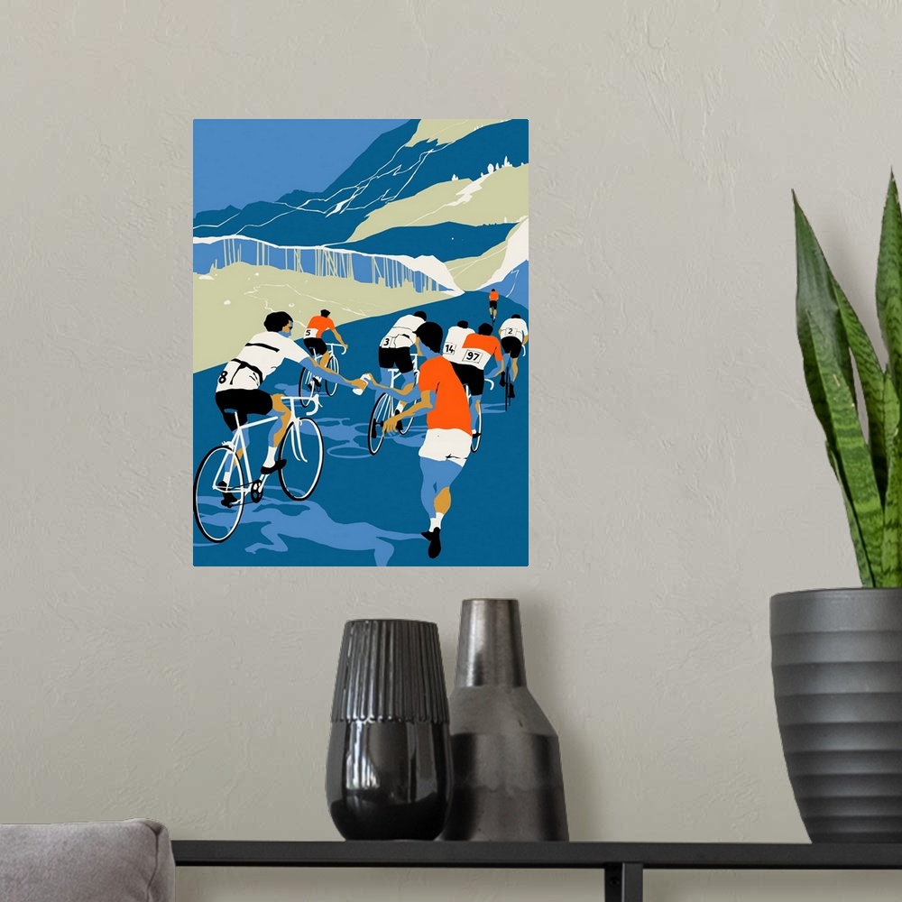A modern room featuring Contemporary illustration of cyclists being given drink while en route during competition.