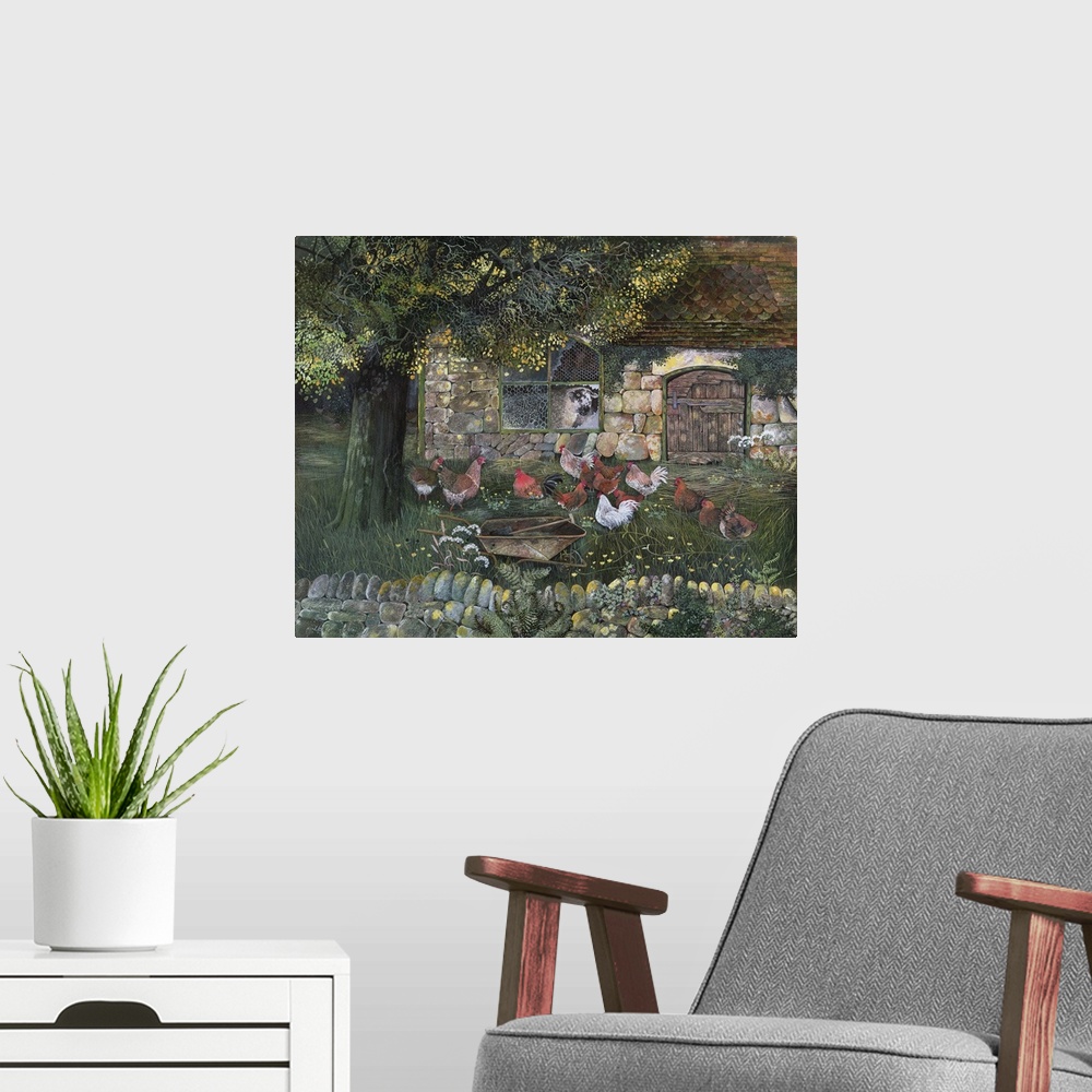 A modern room featuring Contemporary painting of a flock of chickens in a backyard.