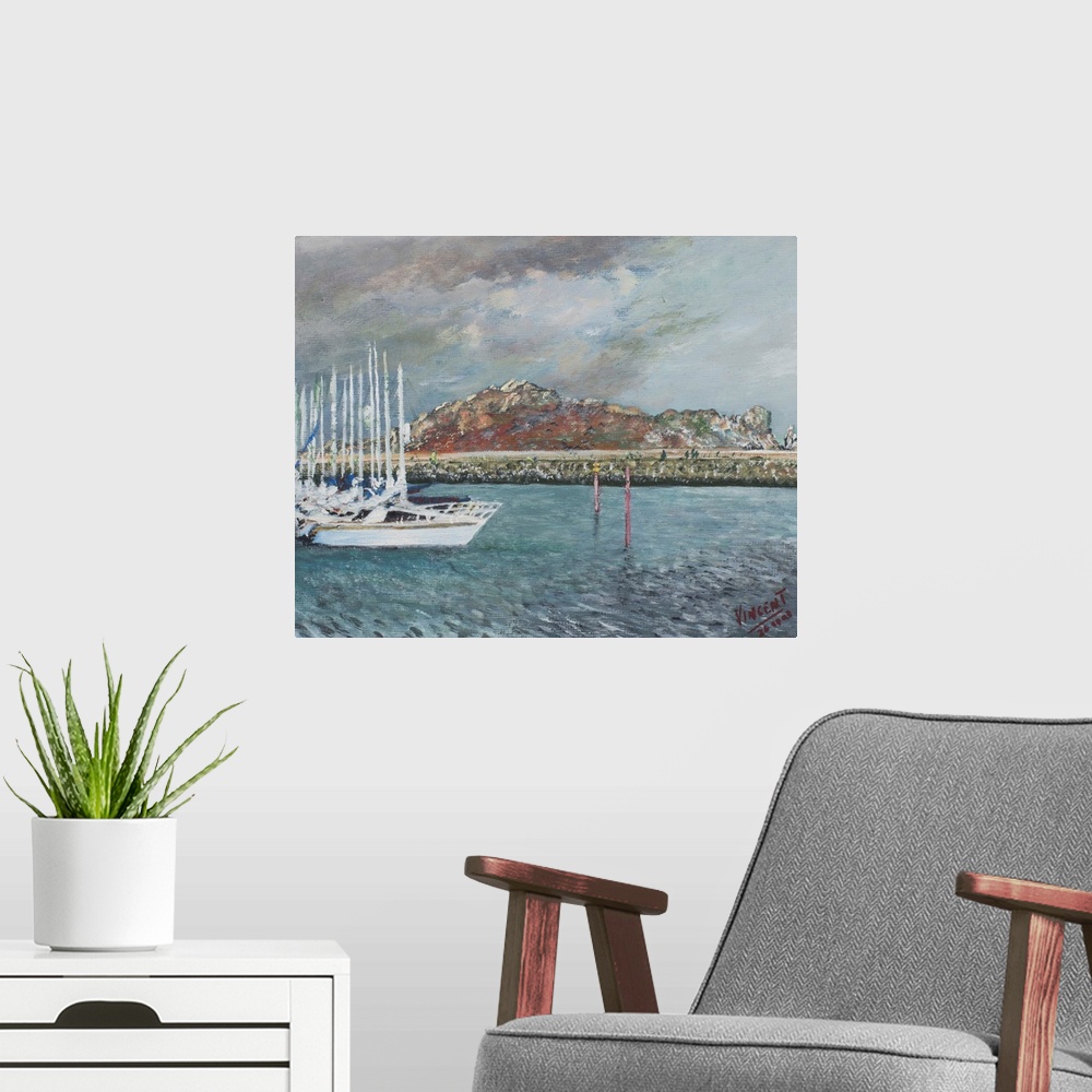 A modern room featuring Contemporary painting of sailboats lined up in a harbor.