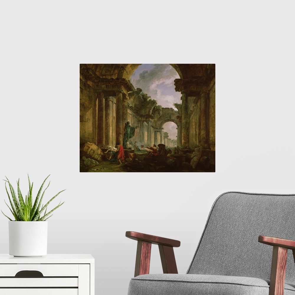 A modern room featuring XIR52980 Imaginary View of the Grand Gallery of the Louvre in Ruins, 1796 (oil on canvas)  by Rob...