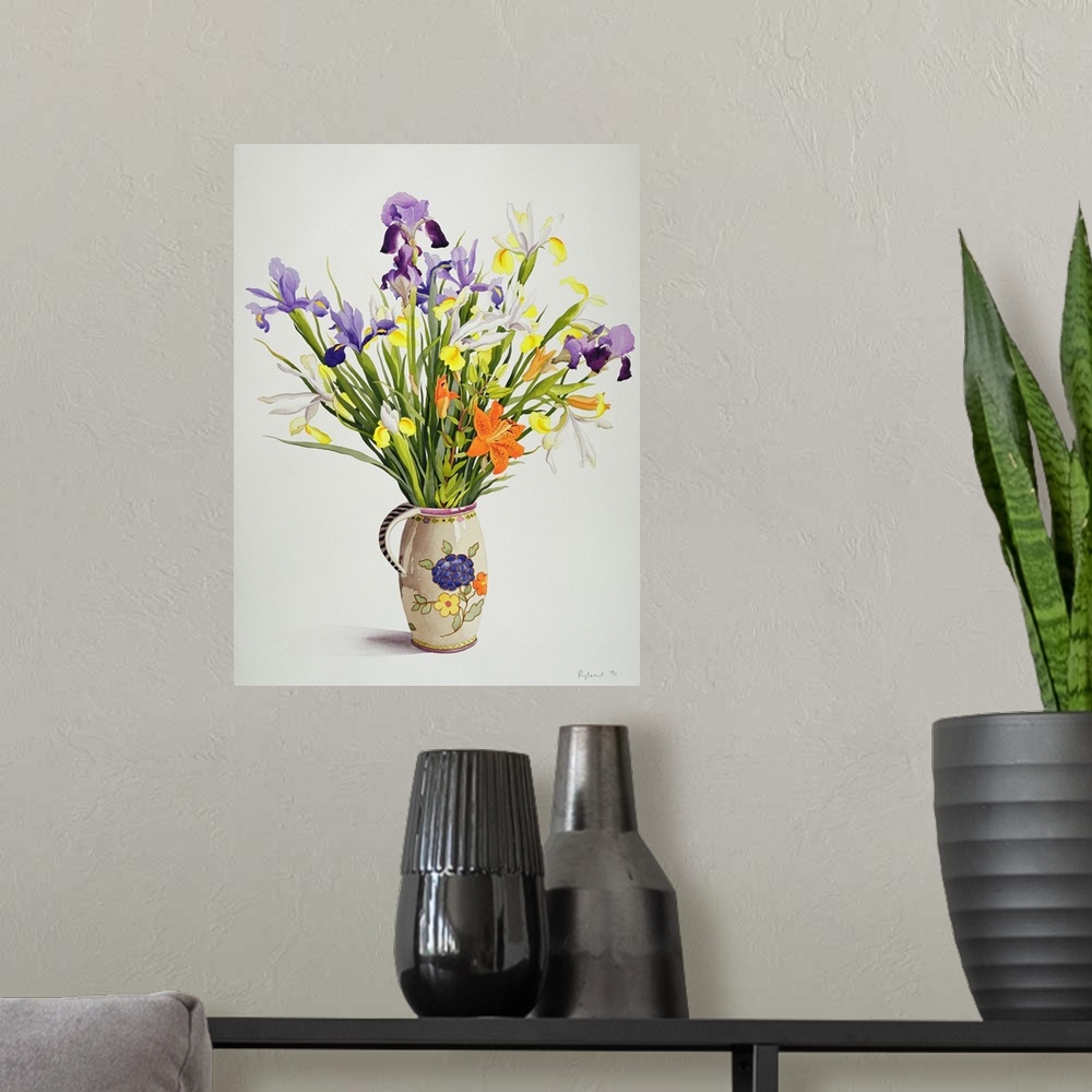 A modern room featuring Irises and Lilies in a Dutch Jug