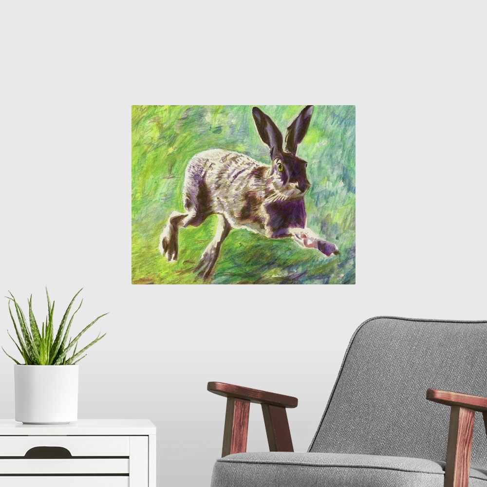 A modern room featuring Contemporary painting of a hare leaping as it runs.