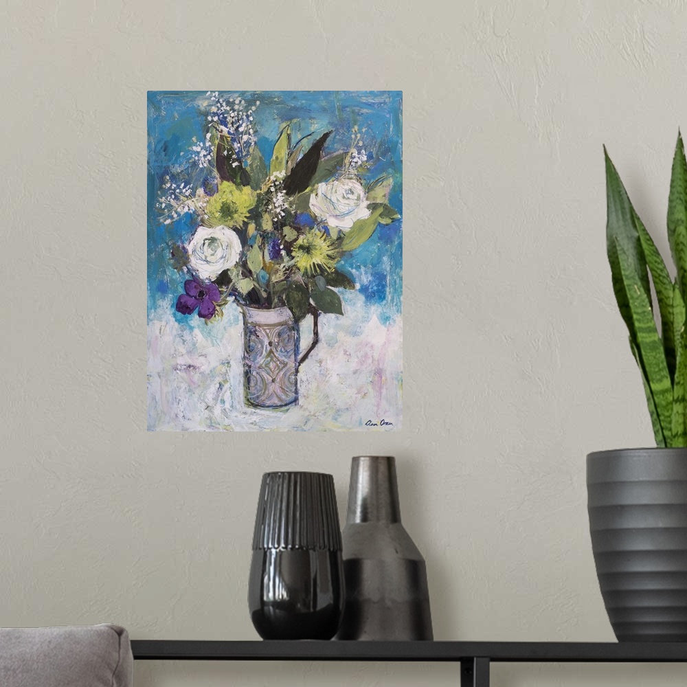A modern room featuring Jug With White Roses And Other Flowers