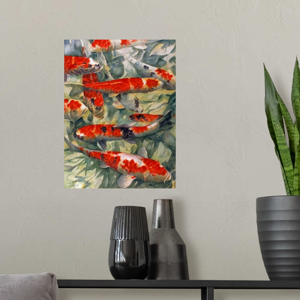 A modern room featuring Contemporary painting of a group of red and white koi fish in a pond.