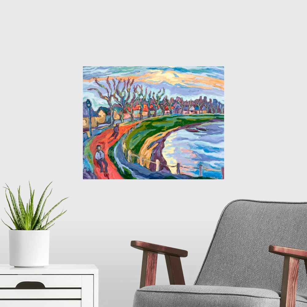 A modern room featuring Abstract artwork that shows a path with two people walking on it with a line of houses and trees ...