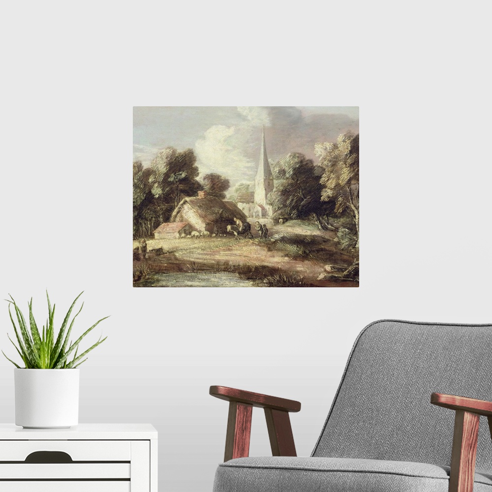 A modern room featuring Landscape with a Church, Cottage, Villagers and Animals, c.1771-2