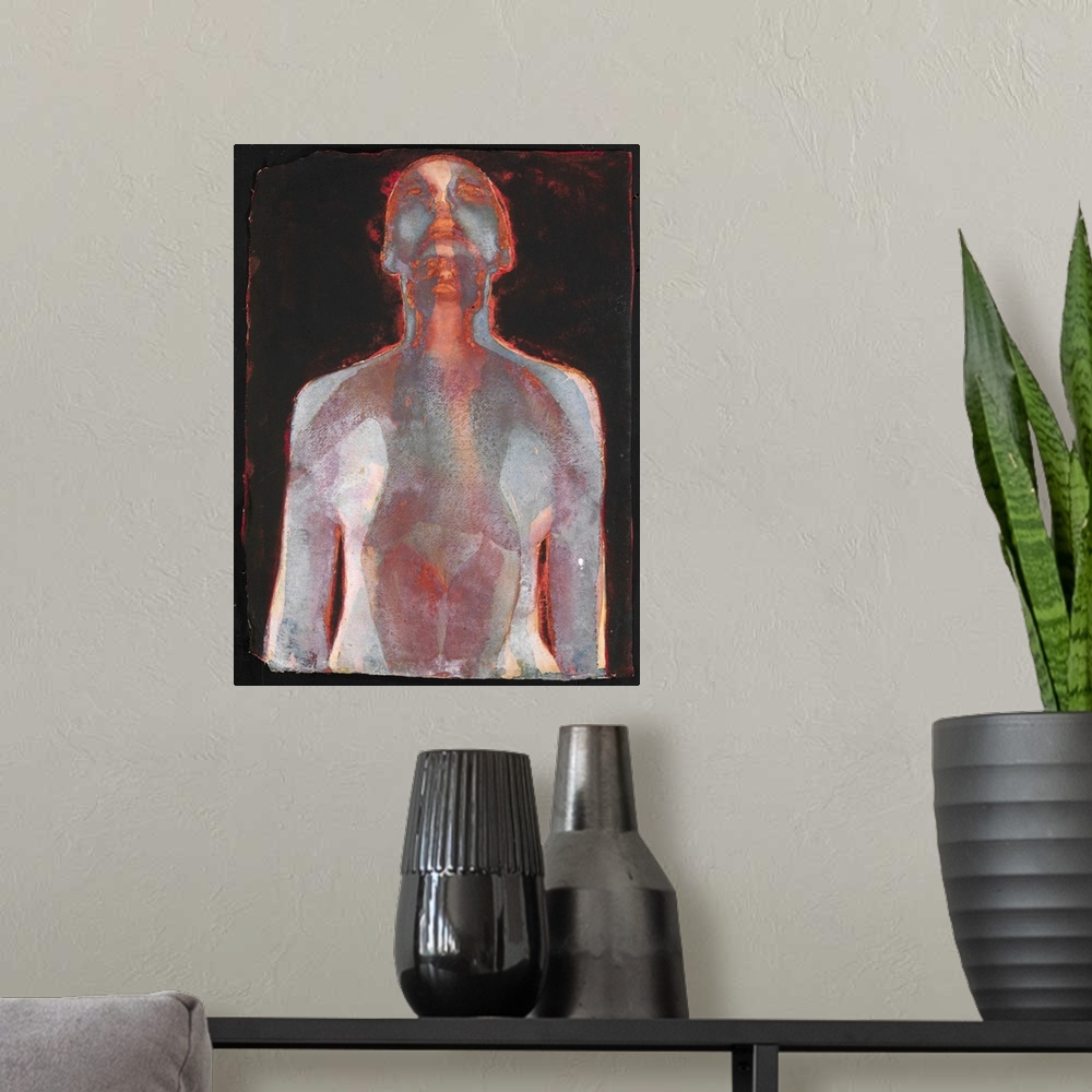 A modern room featuring Contemporary painting of a nude figure in deep dark colors against a black background.
