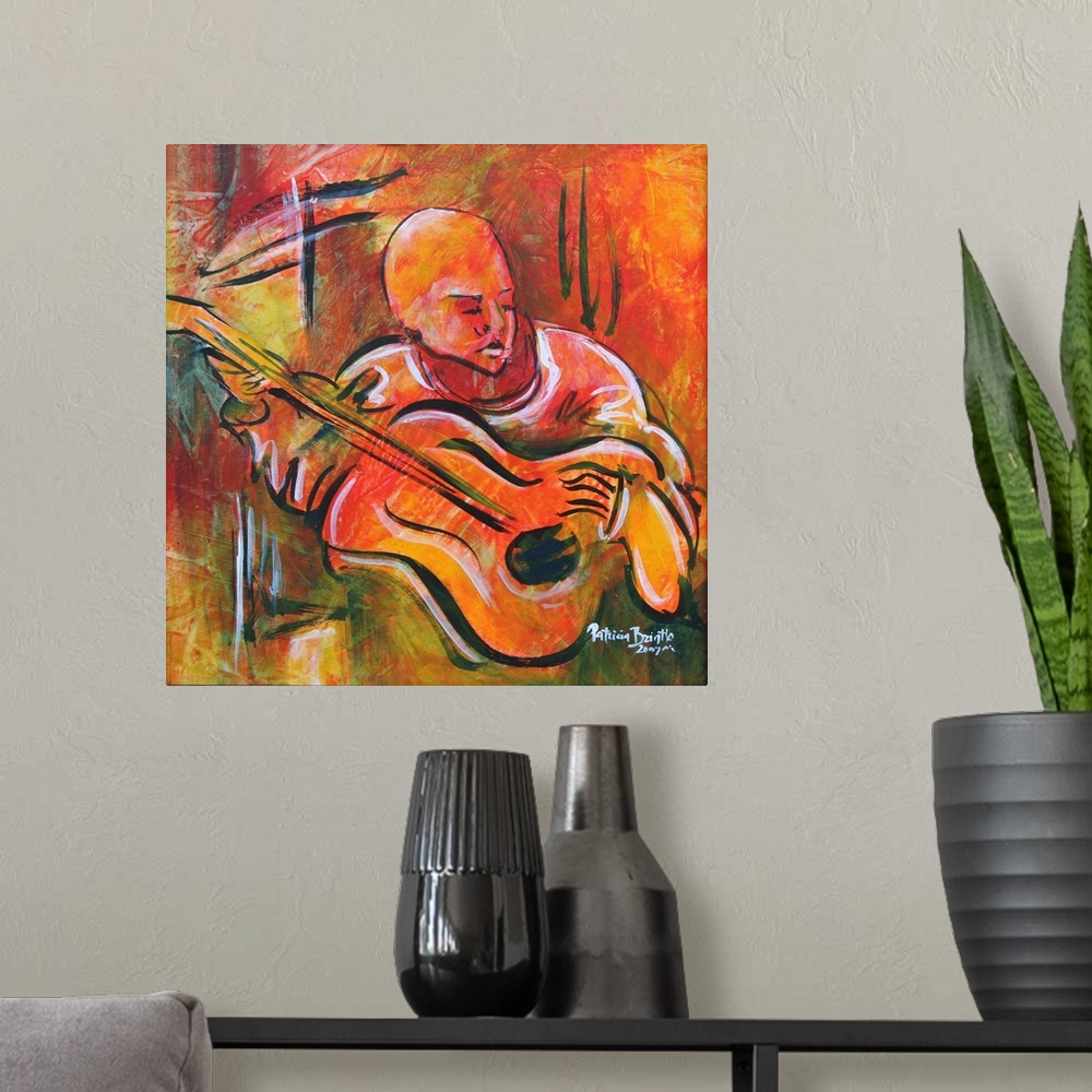 A modern room featuring Contemporary portrait of a Haitian man playing a stringed instrument.