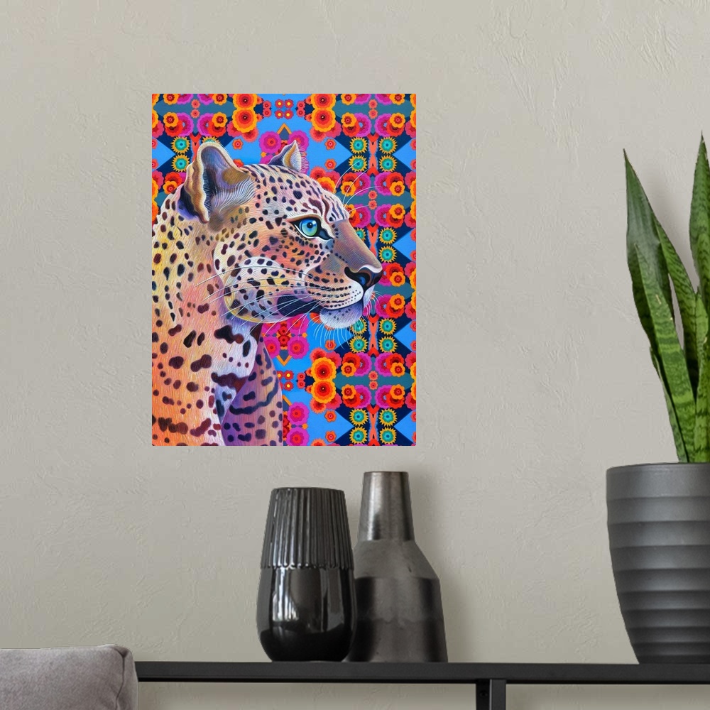 A modern room featuring Leopard, 2018, (originally oil on canvas) by Tattersfield, Jane