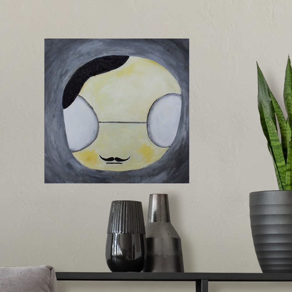 A modern room featuring Contemporary abstract painting of a character face.