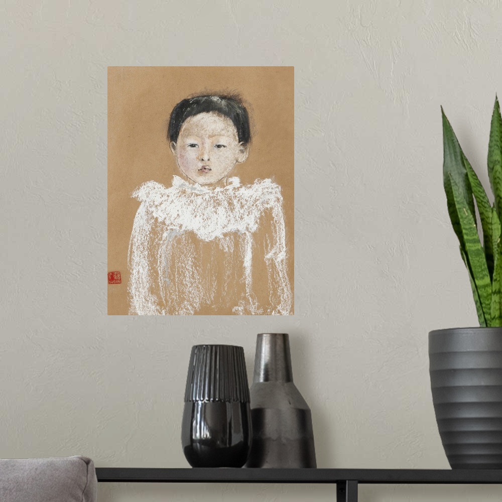 A modern room featuring Contemporary painting of a portrait of a small child.