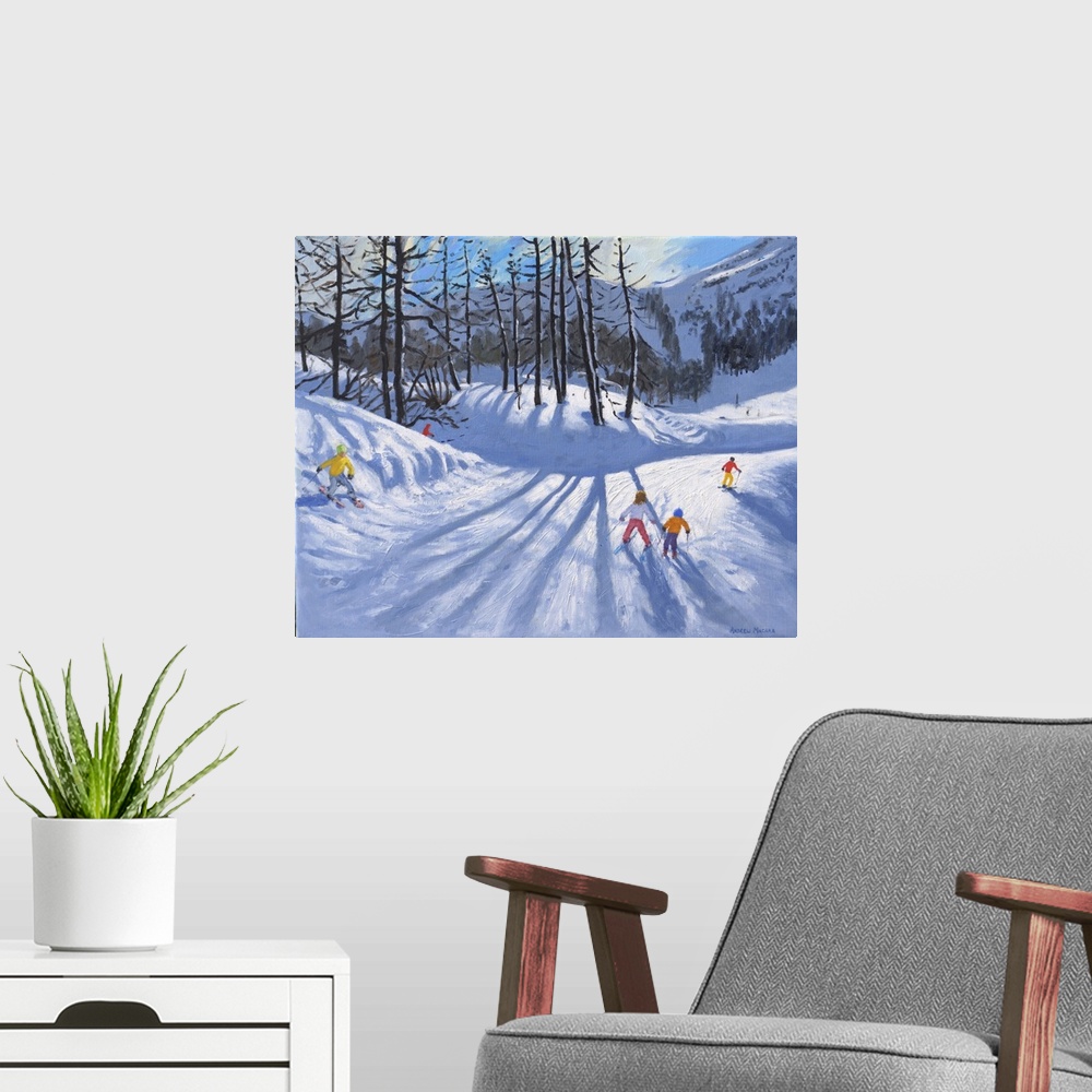 A modern room featuring Long tree shadows and skiers, Tignes, 2016-2019. Originally oil on canvas.