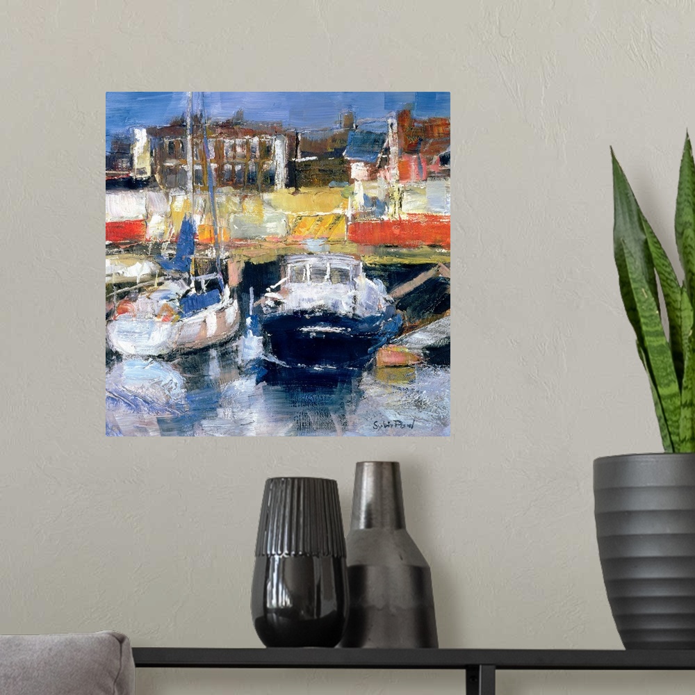 A modern room featuring SPY150397 Lowestoft Harbour View (mixed media and collage on paper); by Paul, Sylvia (Contemporar...