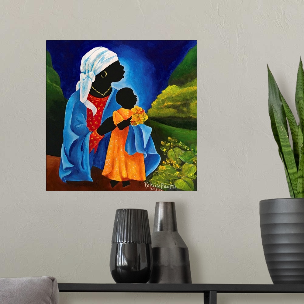 A modern room featuring Madonna and child - Flourish, 2018 (originally acrylic on wood) by Brintle, Patricia