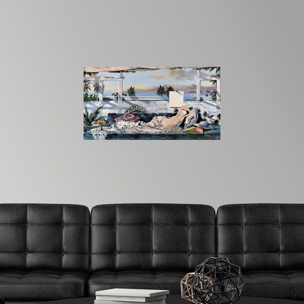 A modern room featuring Contemporary painting of a nude woman reclining by the ocean.