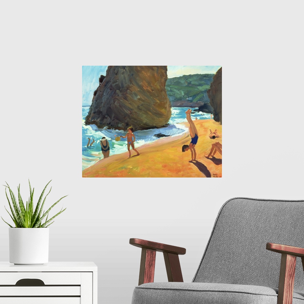 A modern room featuring Horizontal painting on a big canvas of people playing on the beach, near the water, large boulder...
