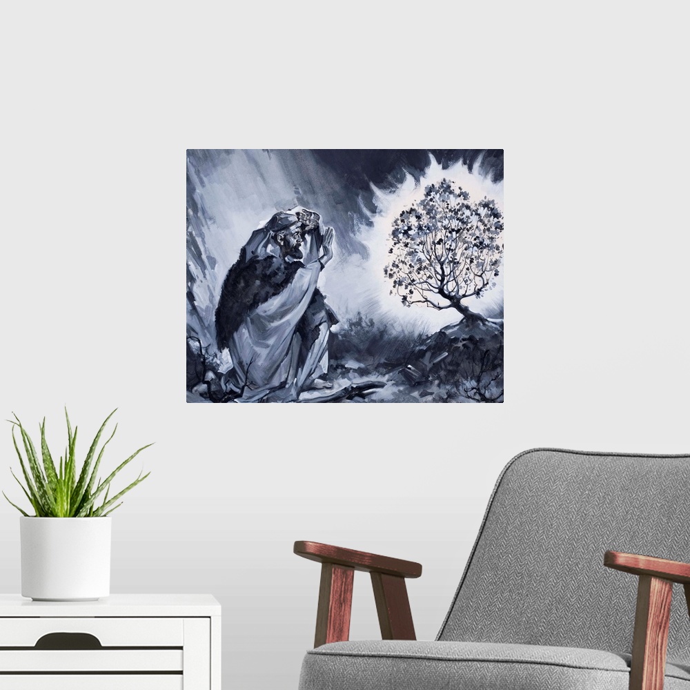 A modern room featuring Moses and the Burning Bush. Original artwork for "The Bible Story."