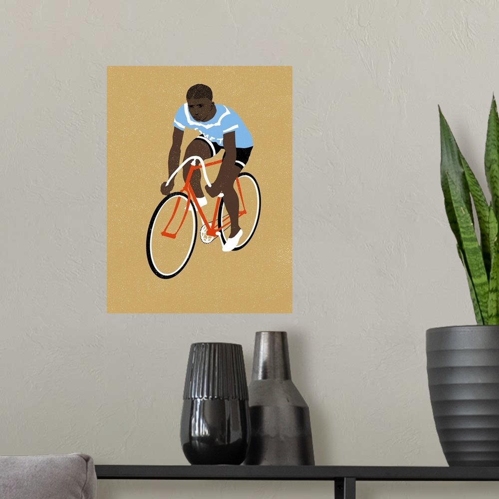 A modern room featuring Contemporary illustration of a cyclist on a red bike against a light brown background.