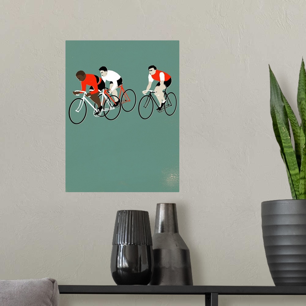 A modern room featuring Contemporary illustration of a cyclists riding against a pale green background.