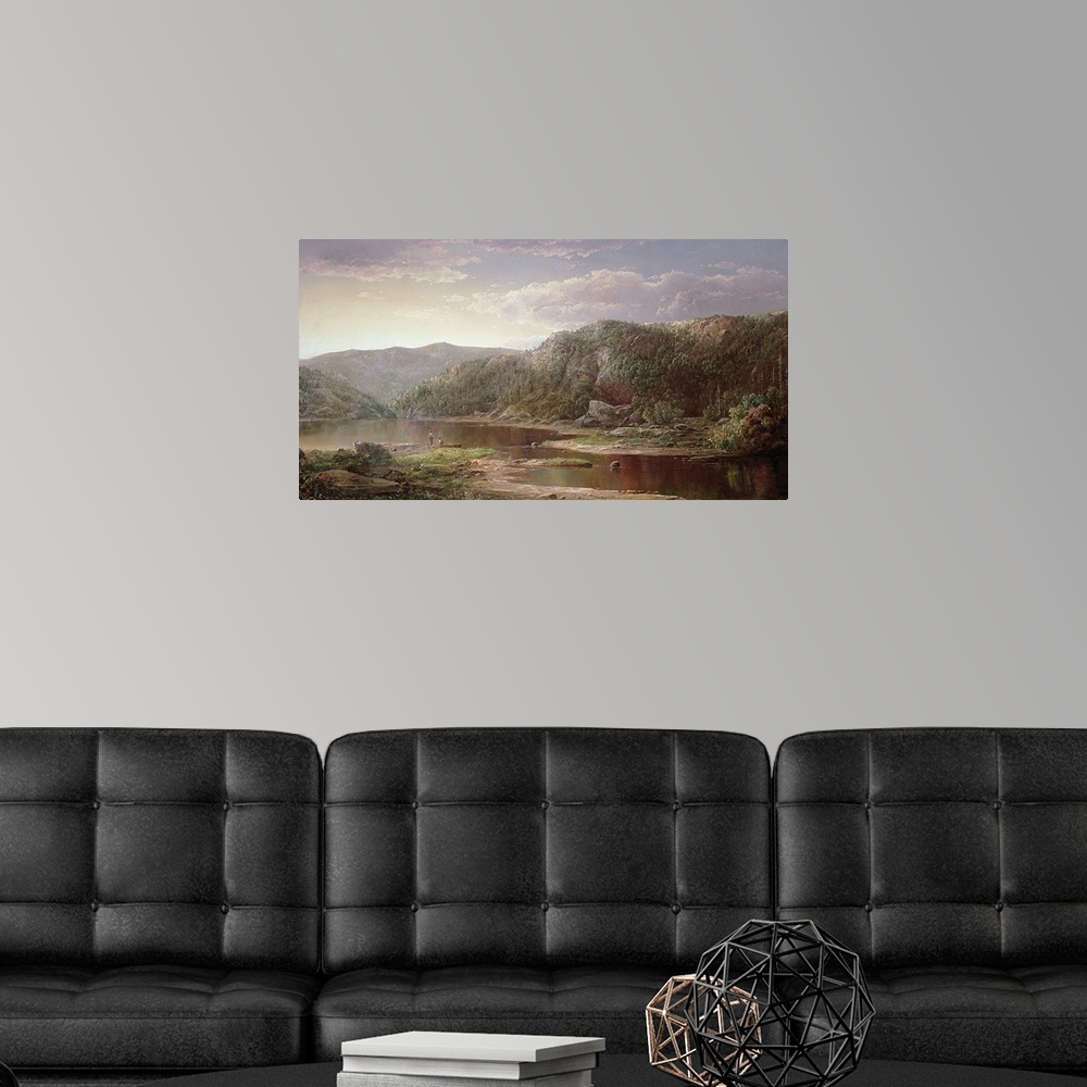A modern room featuring A 19th century American landscape painting of this shallow Virginian river in the Blue Ridge moun...