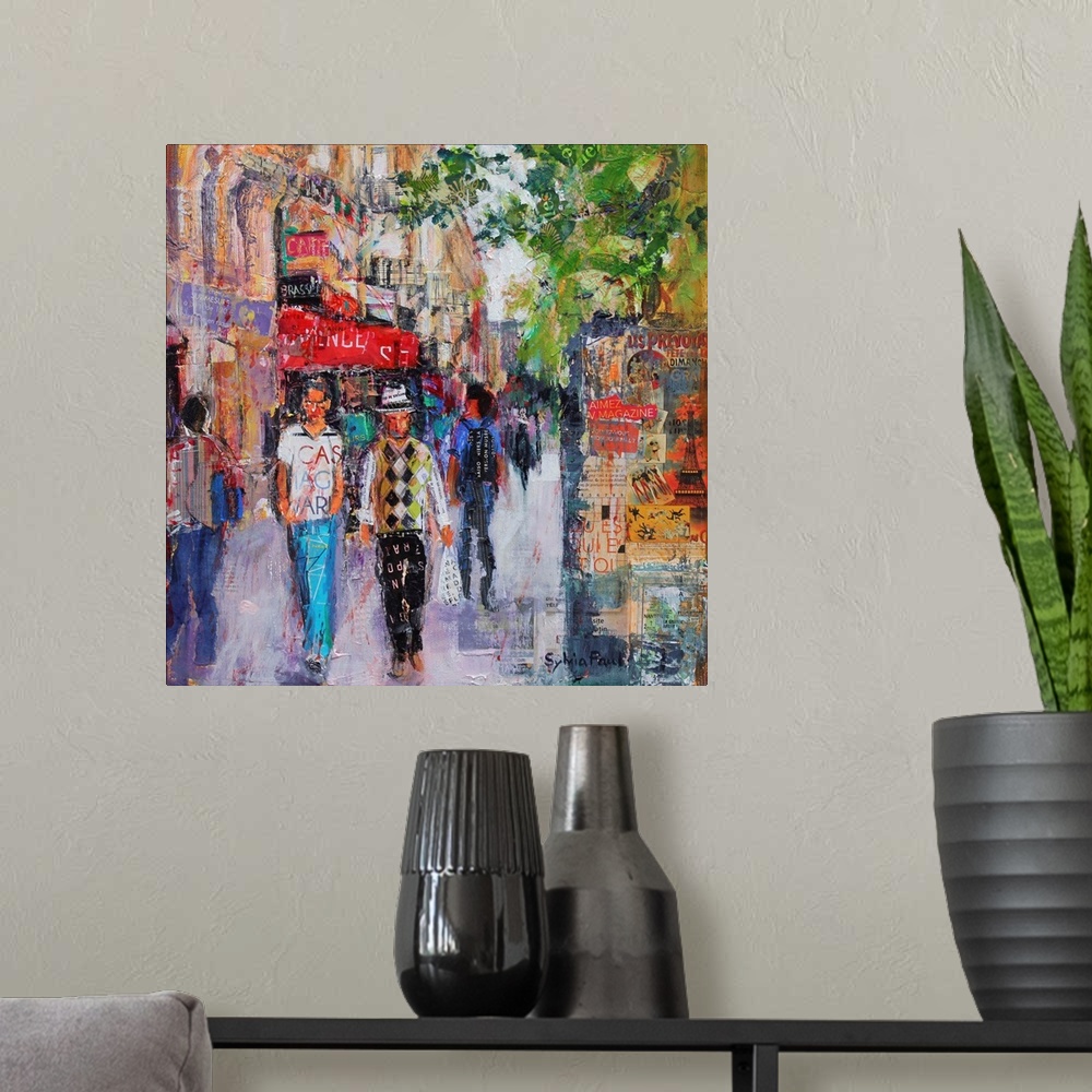 A modern room featuring Contemporary painting of crowded streets of Paris.
